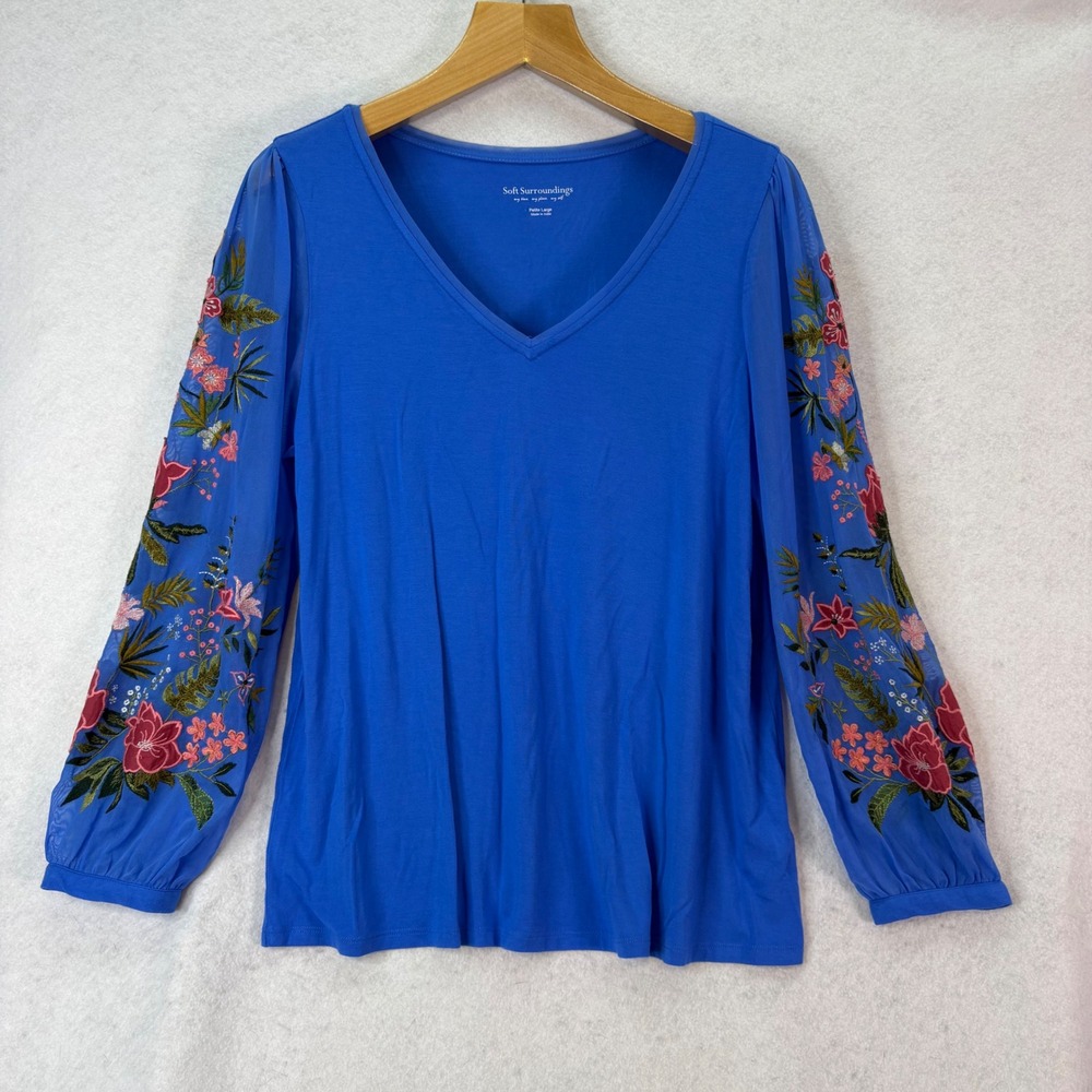 Soft Surroundings Embroidered Mesh Sleeve Blue V-Neck Top Womens PL Boho Floral